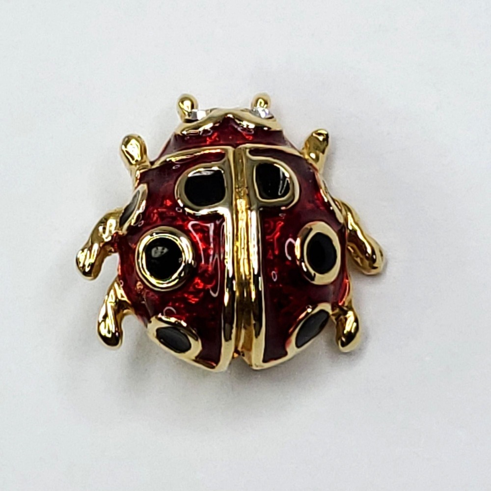 Small Ladybug Brooch Pin In Red & Gold With Rhinestone Eye 3/4 inch - Picture 7 of 10